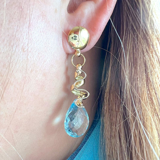 Boucles d'oreilles pendantes en or 18 carats ornées de topazes bleues, bijou de joaillerie de seconde main