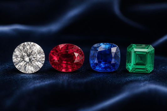 Les quatre pierres précieuses, diamant, rubis, saphir et émeraude, posées côte à côte sur un fond velours bleu navy