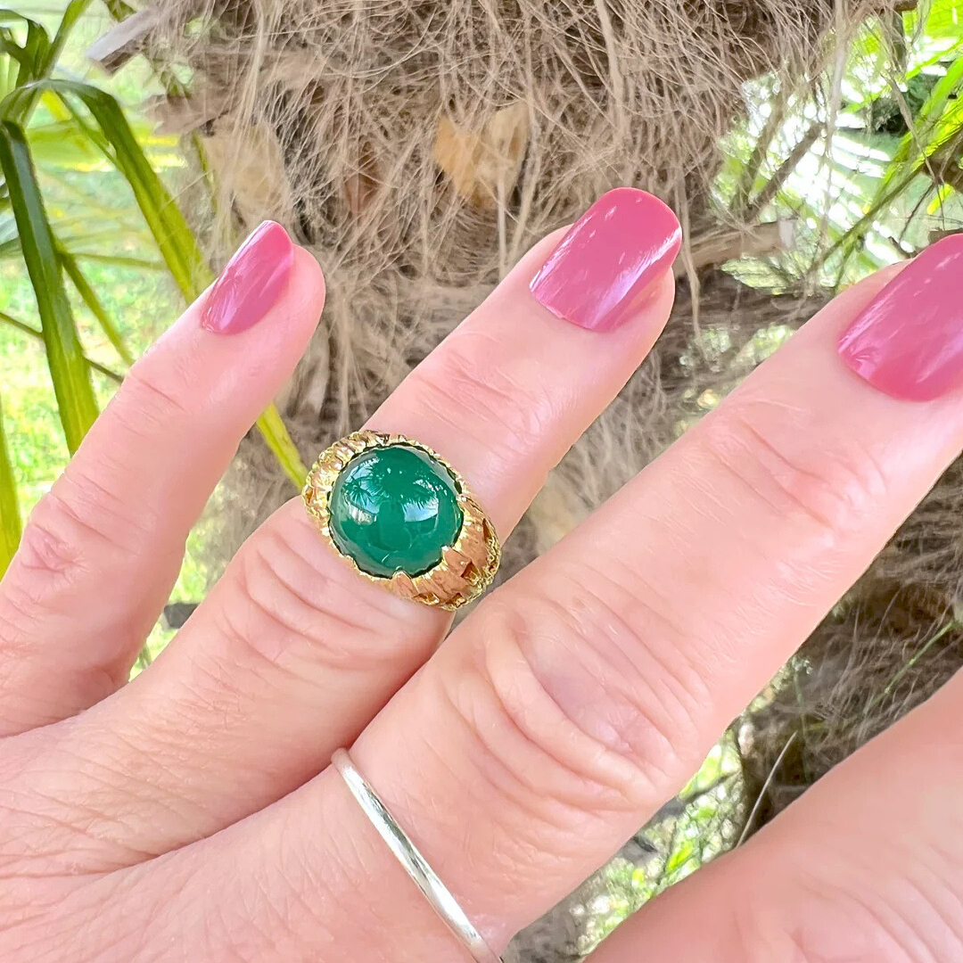 Bague agate verte en cabochon - Or Jaune 18 K (750°/°°) 18 carats