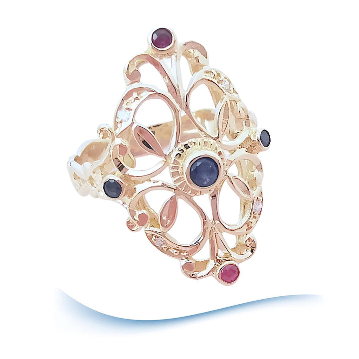 photo de face Bague Rubis - Saphirs - Diamants Or Jaune 18K