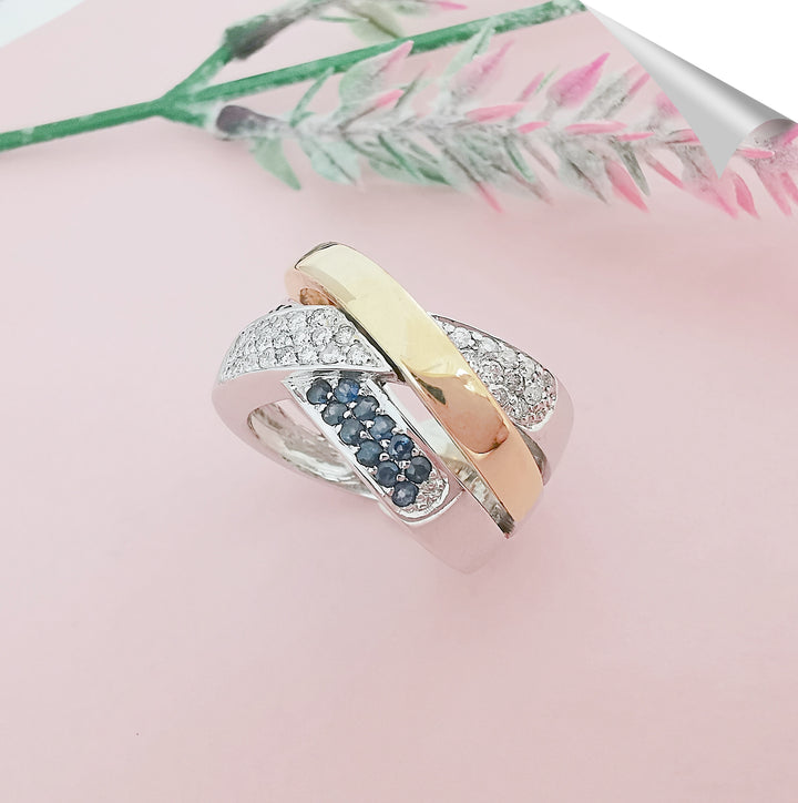 photo en biais Bague de seconde main croisée saphirs diamants Or 18K 