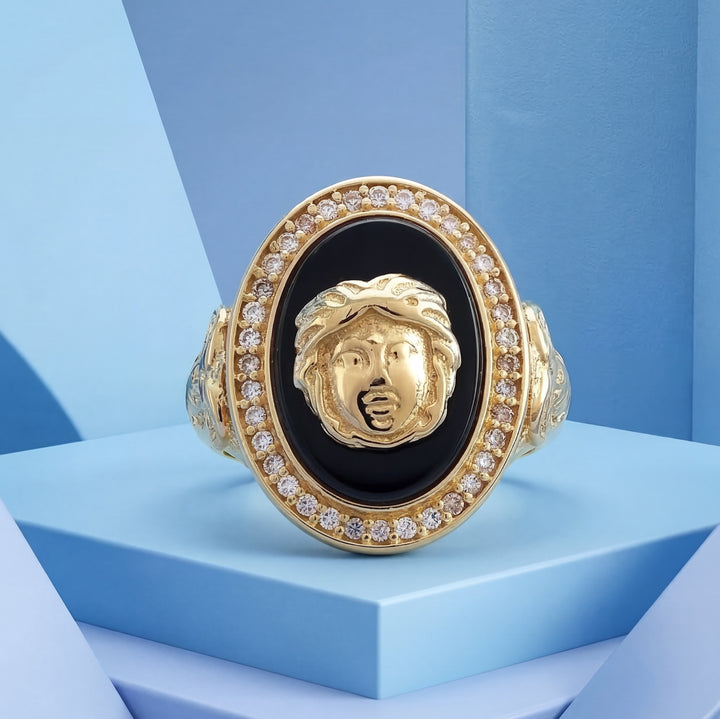 vue en moderne Bague tête de Gorgone sur Onyx Or Jaune 18K