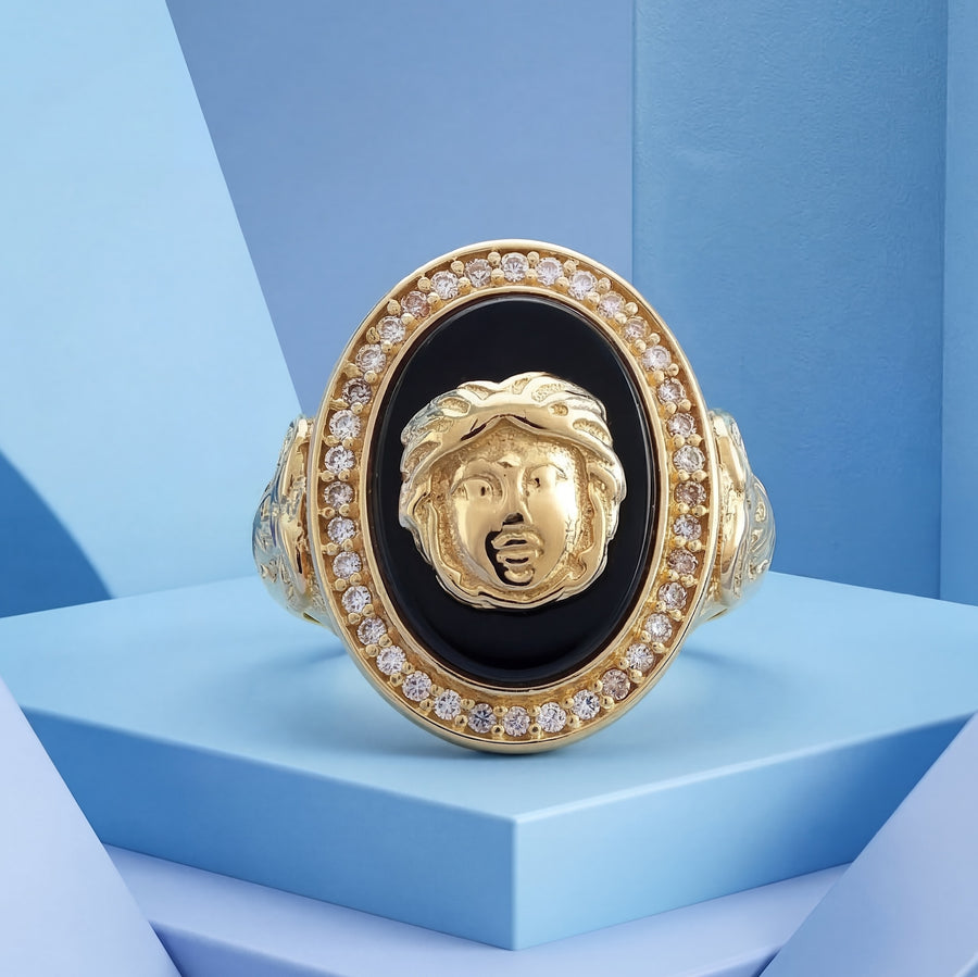vue en moderne Bague tête de Gorgone sur Onyx Or Jaune 18K