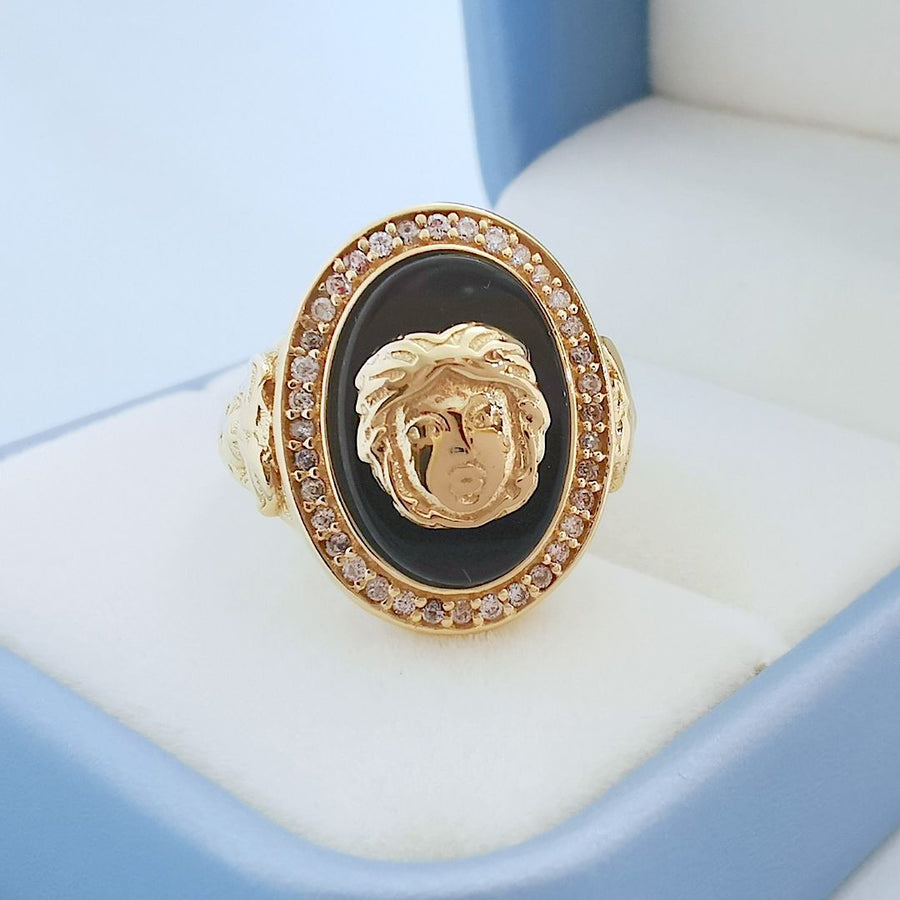 photo droite Bague tête de Gorgone sur Onyx Or Jaune 18K (750/1000) 18 carats