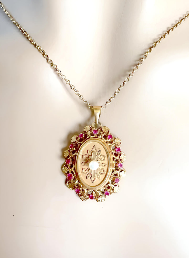 photo Bijou ancien or rose 18K – Pendentif avec perle de culture et rubis roses