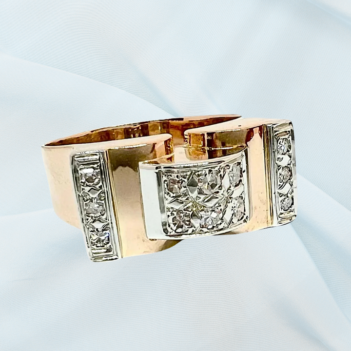 Bague Tank ancienne "pont à livre ouvert "des années 40-50 Diamants Or 18 K (750°/°°) 18 carats