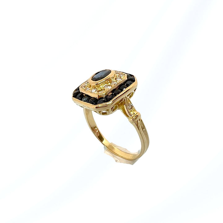 Bague octogonale à pans coupés Saphirs et Diamants - Or Jaune 18 K  (750°/°°) 18 carats