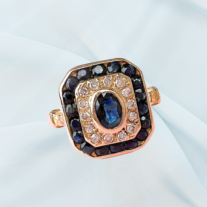 Bague octogonale à pans coupés Saphirs et Diamants - Or Jaune 18 K  (750°/°°) 18 carats