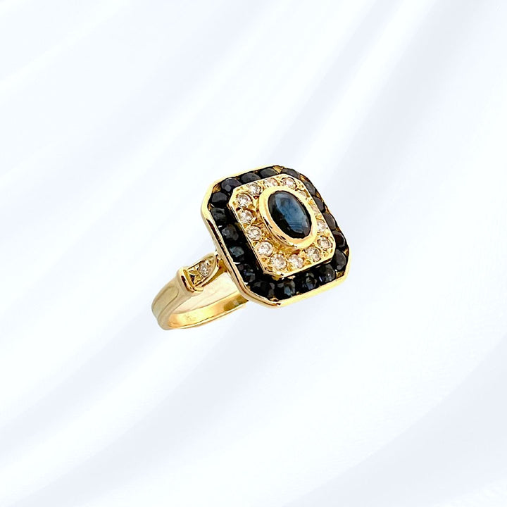 Bague octogonale à pans coupés Saphirs et Diamants - Or Jaune 18 K  (750°/°°) 18 carats