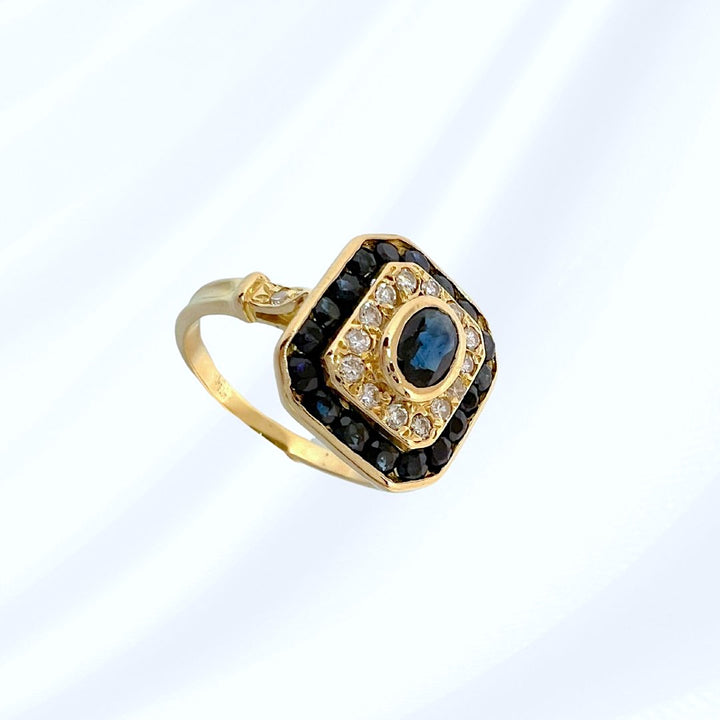 Bague octogonale à pans coupés Saphirs et Diamants - Or Jaune 18 K  (750°/°°) 18 carats