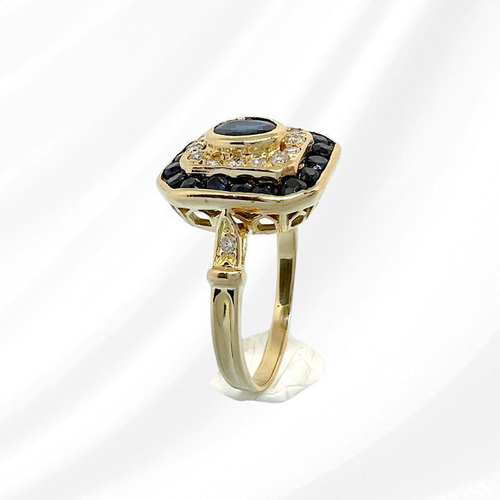 Bague octogonale à pans coupés Saphirs et Diamants - Or Jaune 18 K  (750°/°°) 18 carats