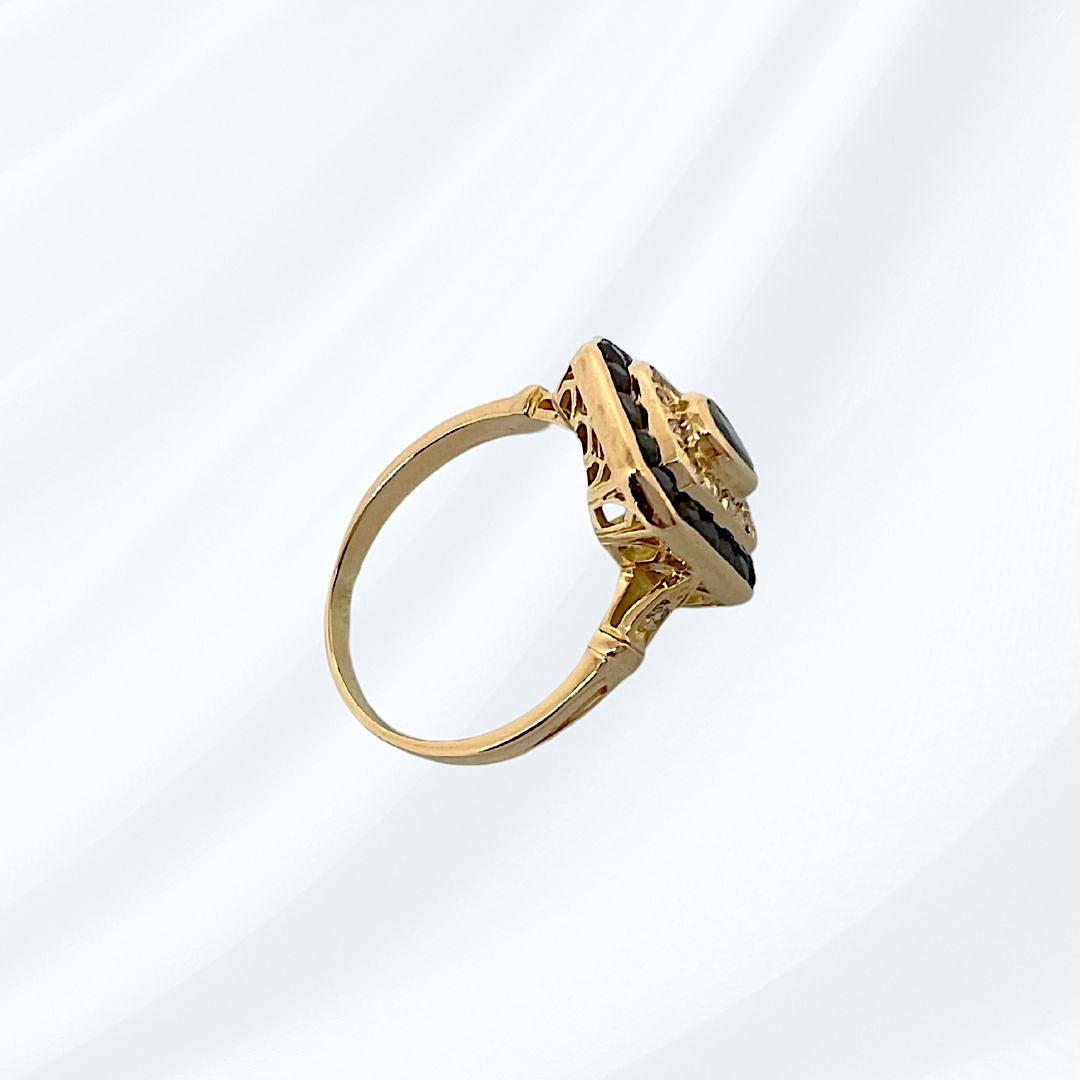 Bague octogonale à pans coupés Saphirs et Diamants - Or Jaune 18 K  (750°/°°) 18 carats