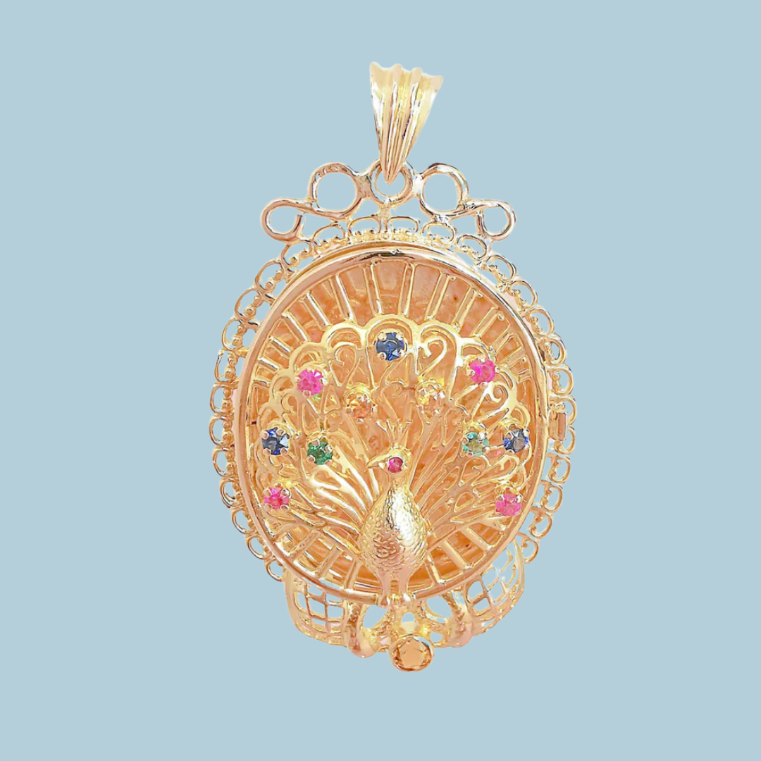 Pendentif Paon - Pierres de couleur - Or Jaune 18 K (750°/°°) 18 carats