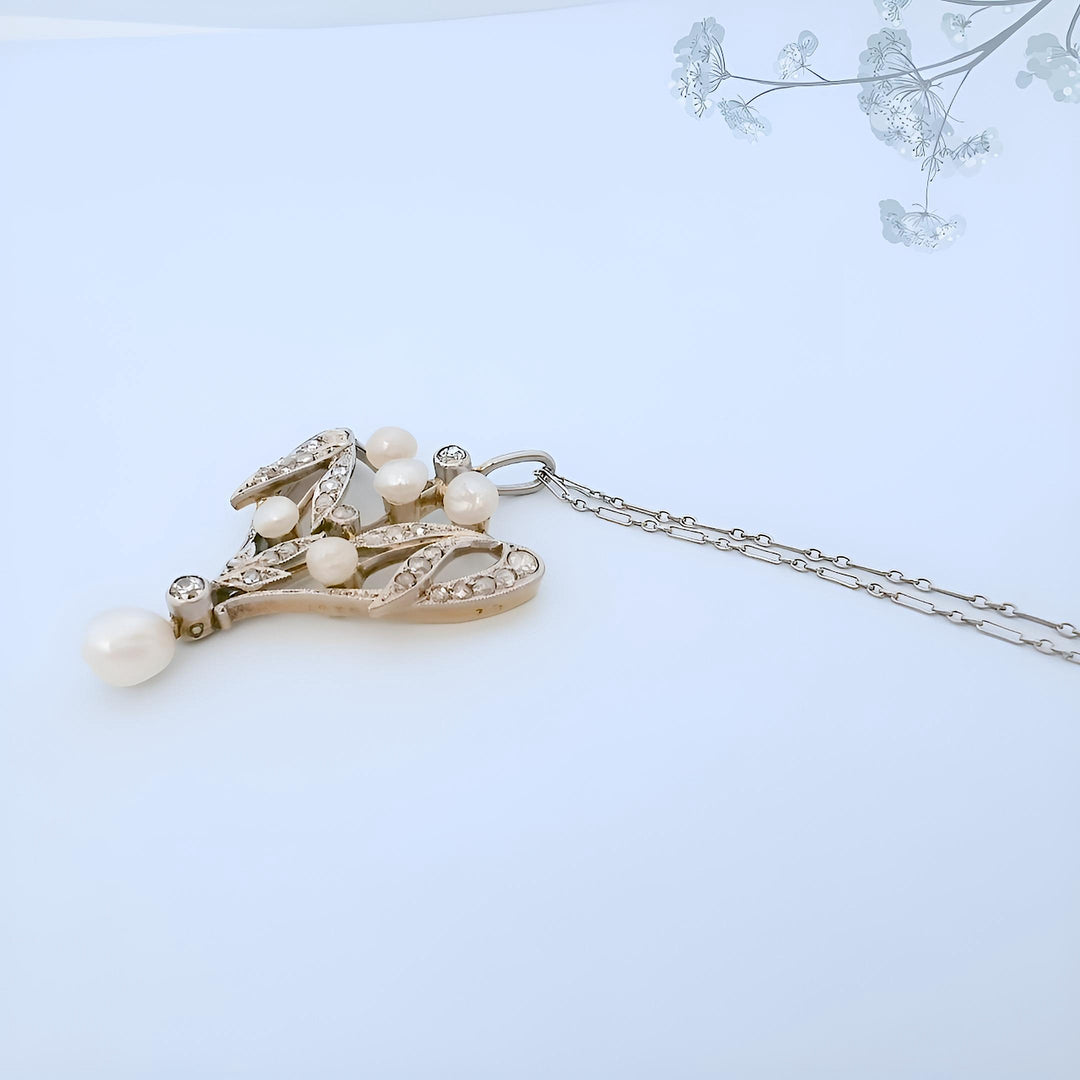 Collier Art Nouveau à plat — or jaune et or blanc 18K, perles fines et diamants
