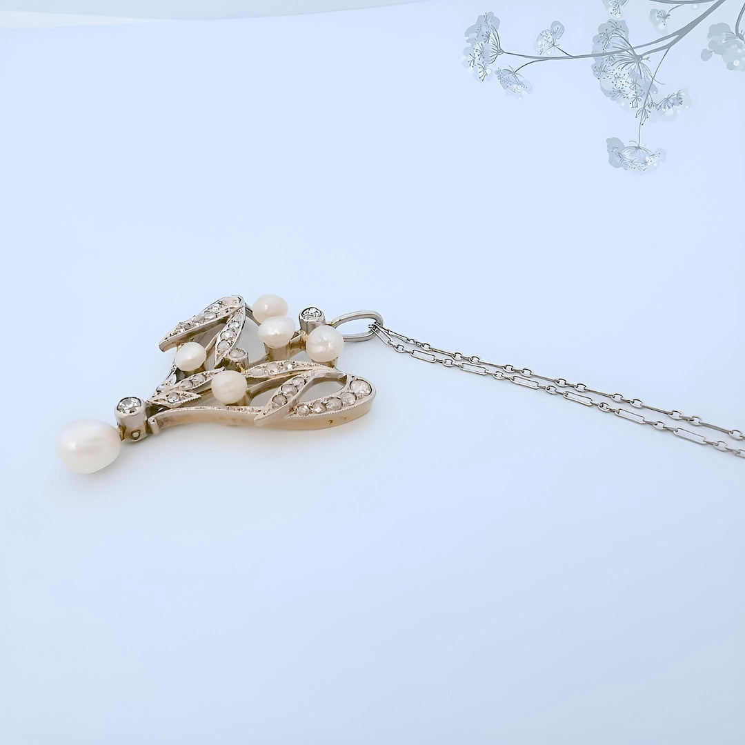 Collier Art Nouveau à plat — or jaune et or blanc 18K, perles fines et diamants