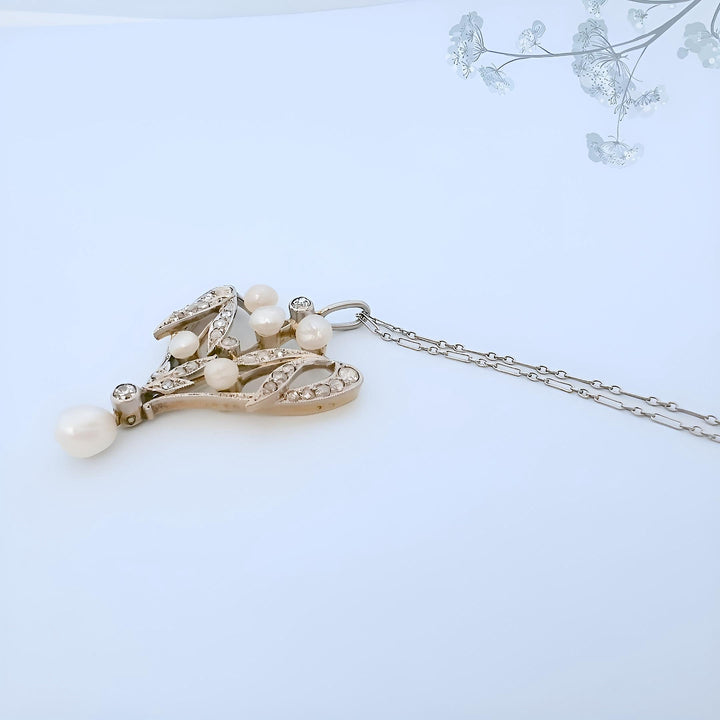 Collier Art Nouveau à plat — or jaune et or blanc 18K, perles fines et diamants