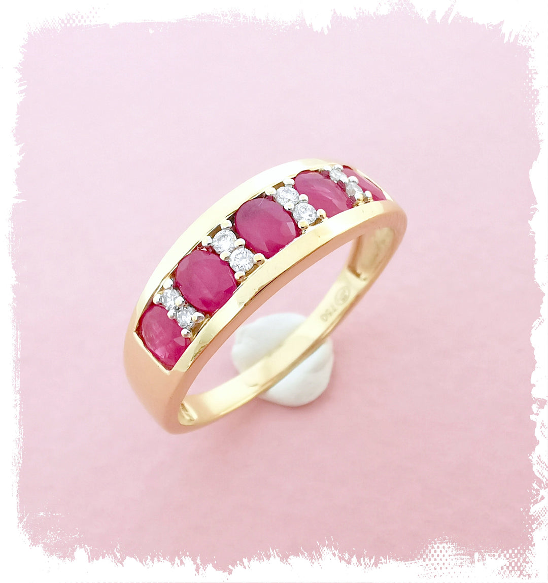 Bague Anneau Demi Alliance / Rubis / Diamants / Or 18 K / 750°/°° / 18 carats