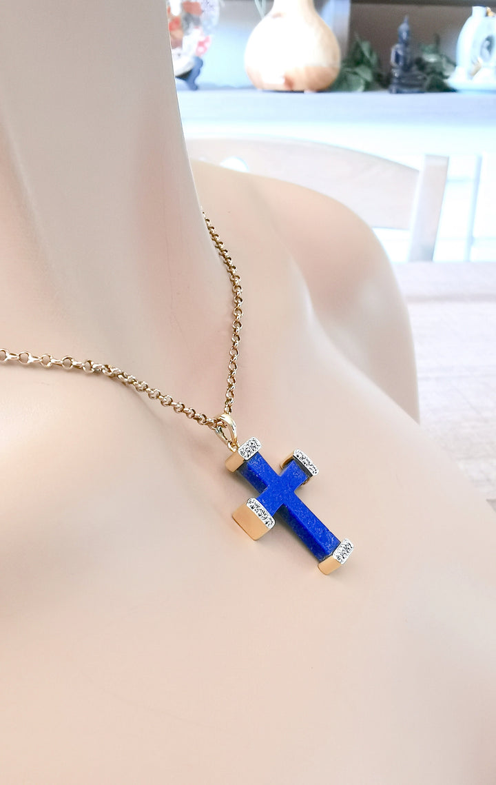 Pendentif Croix Or 18 K / Lapis-lazuli / Diamants / Signée GARLAND / Or (750°/°°) / 18 carats