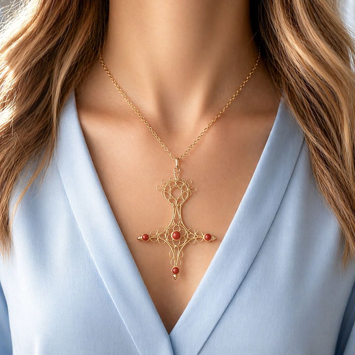 Pendentif Croix du Sud en Or Jaune 18K  vue portée sur une femme