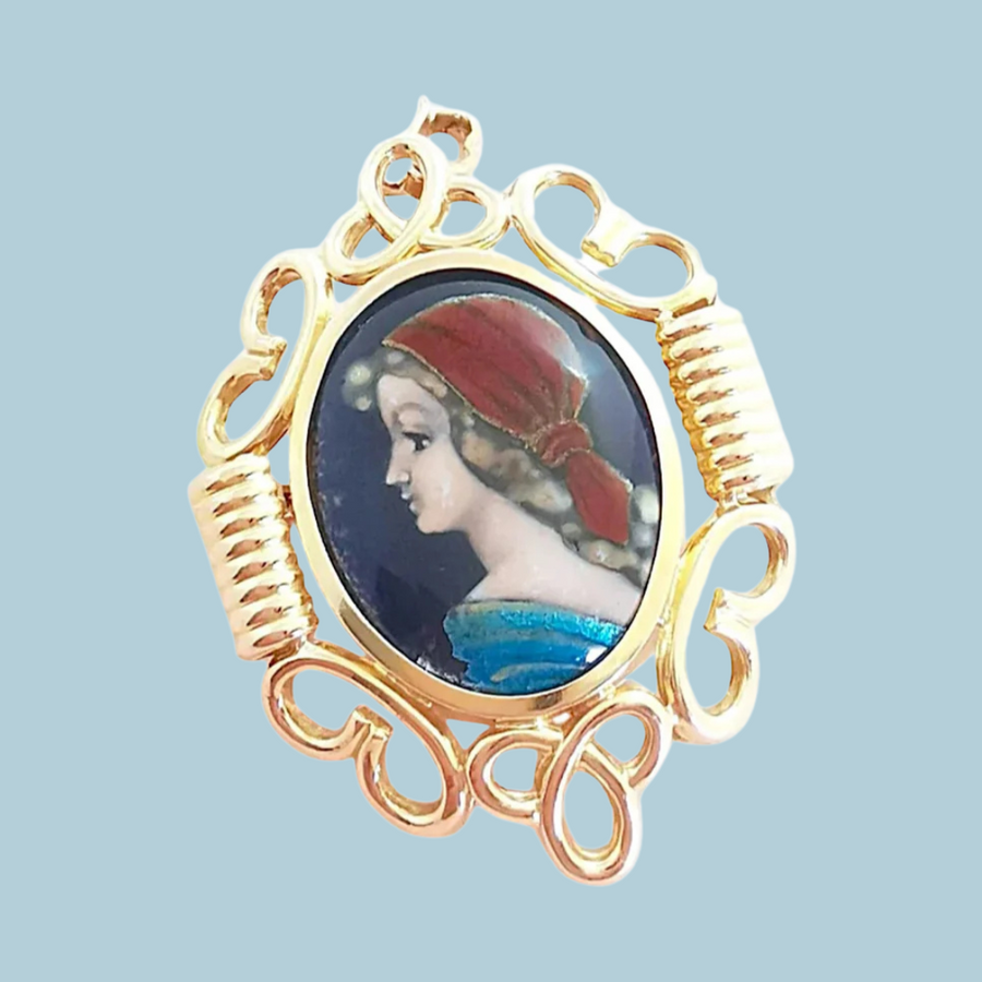 photo Pendentif vintage - Broche (1950–1960) Or Jaune 18K émail de Limoges signé R. Philippon