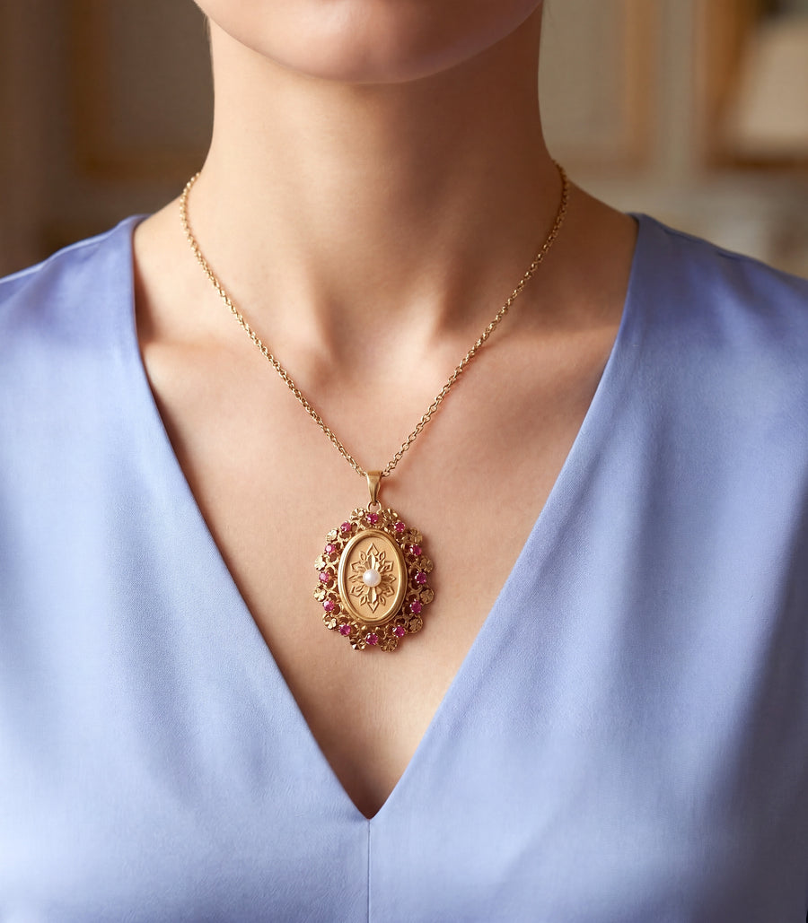vue sur le cou Pendentif vintage or rose 18K perle de culture