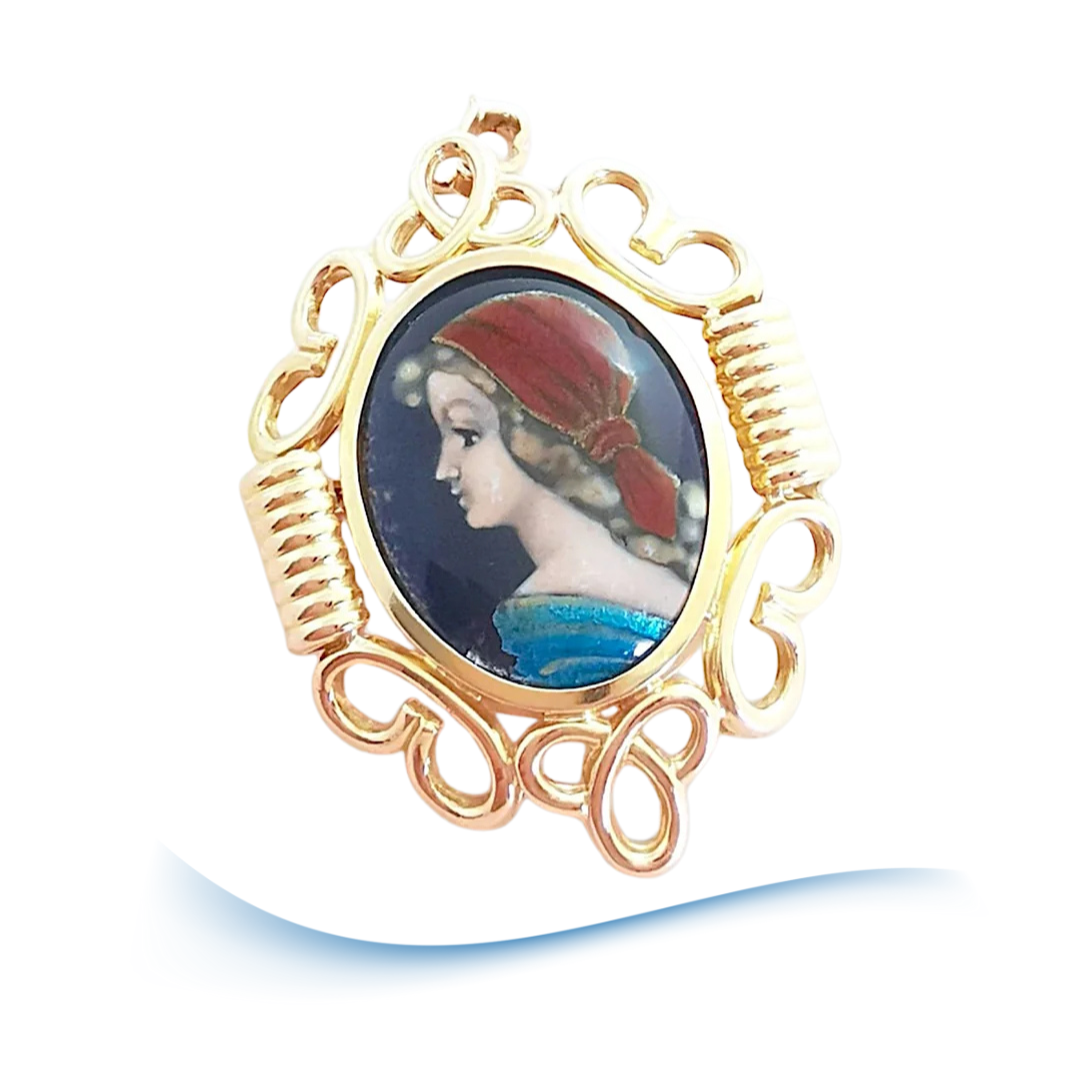 Pendentif - Broche Or Jaune 18 K - émail - signé R. Philippon (750°/°°) 18 carats