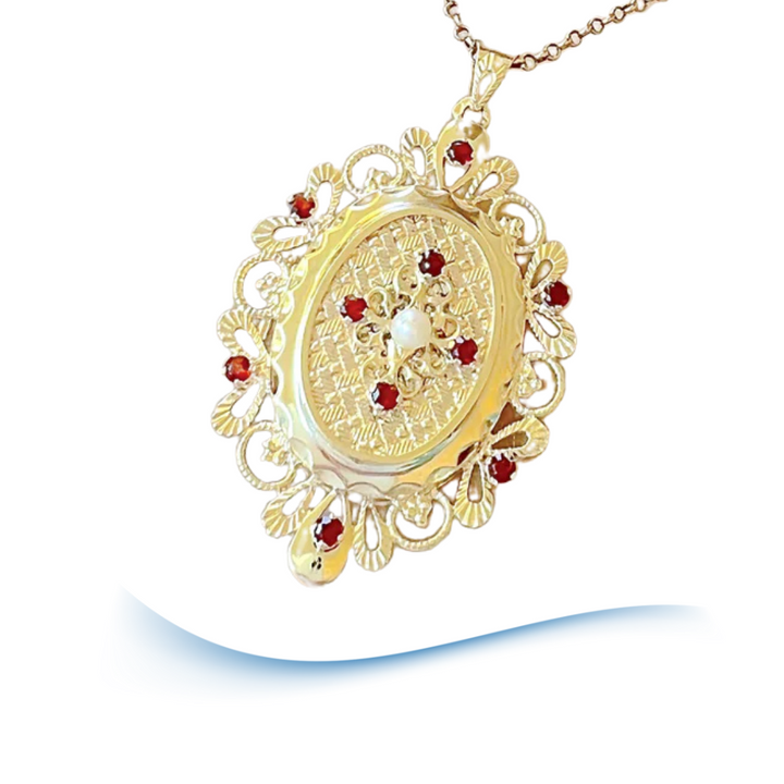 Pendentif médaillon porte-souvenir - Grenats - Perle de culture Or Jaune 18 K (750°/°°) 18 carats