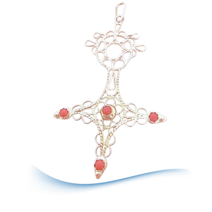 Pendentif Croix du sud ou d'Agadez cabochons de Corail Or Jaune 18 K (750°/°°) 18 carats