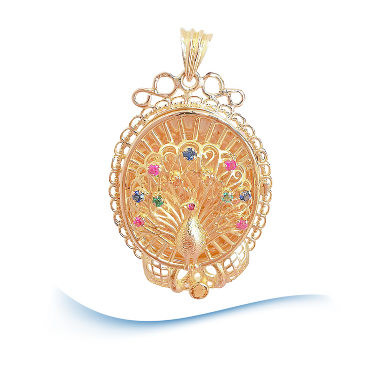 Pendentif Paon - Pierres de couleur - Or Jaune 18 K (750°/°°) 18 carats