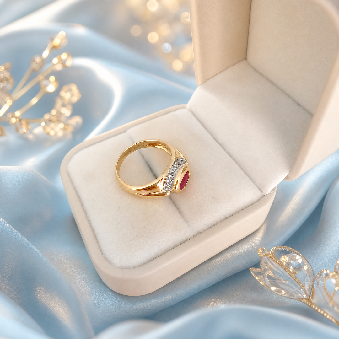 Bague rubis diamants or 18 carats dans écrin blanc soie bleue joaillerie luxe