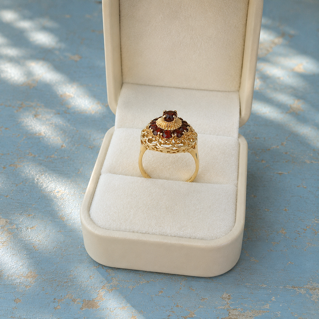 Bague femme grenats or jaune 18K vintage, sertissage à griffes et poinçons certifiés