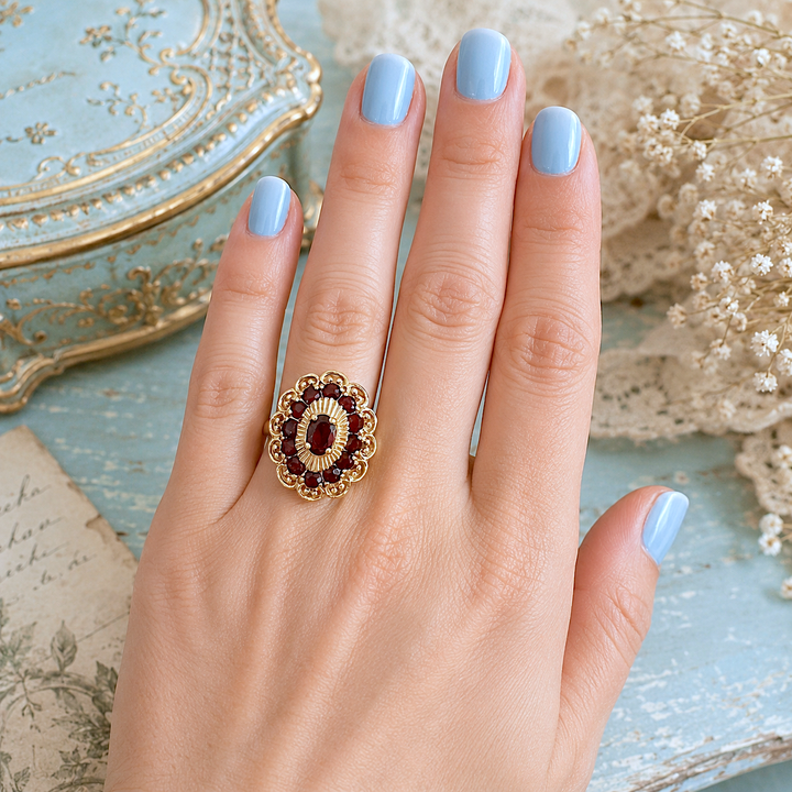 Bague grenat vintage d'occasion pour femme, monture en dôme en or 18K