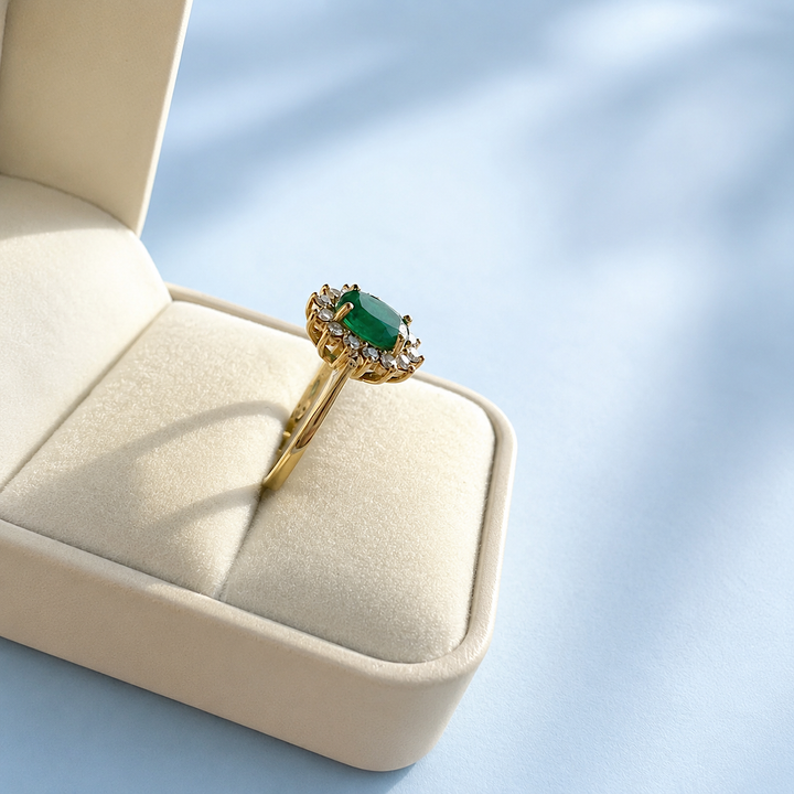 Bague de joaillerie en or jaune, émeraude verte intense et entourage de diamants, luxe d'occasion