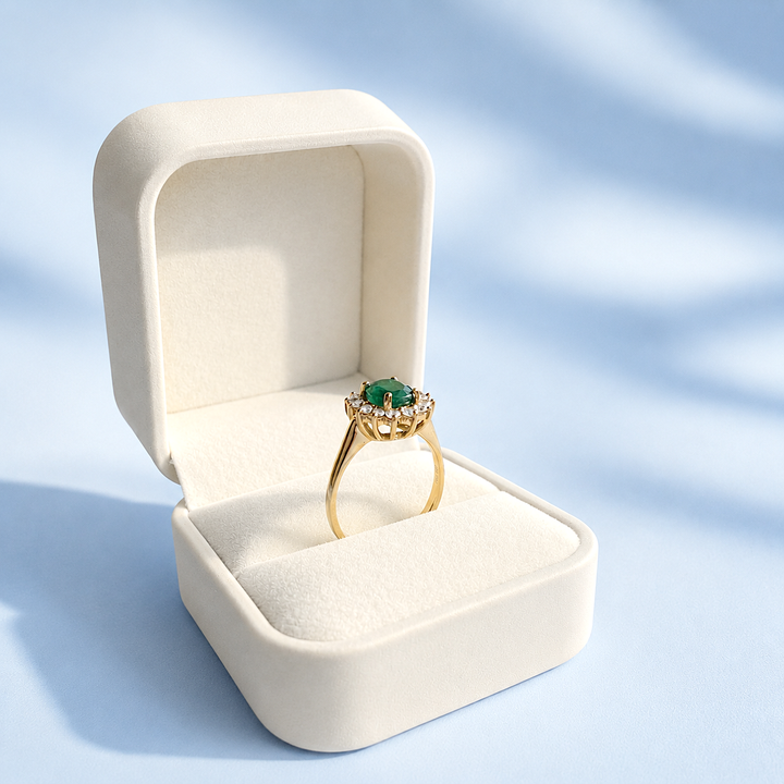 Bague marguerite diamants et émeraude, bijou de luxe de seconde main à corbeille ajourée