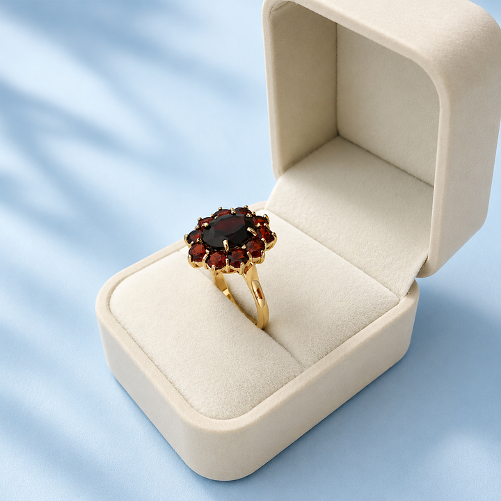 Bague marguerite en pierre grenat rouge profond et or jaune 18K