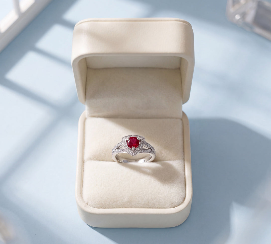 Bague Mauboussin Dream & Love rubis et diamants dans son écrin, lumière naturelle - Joaillerie française Valordiams
