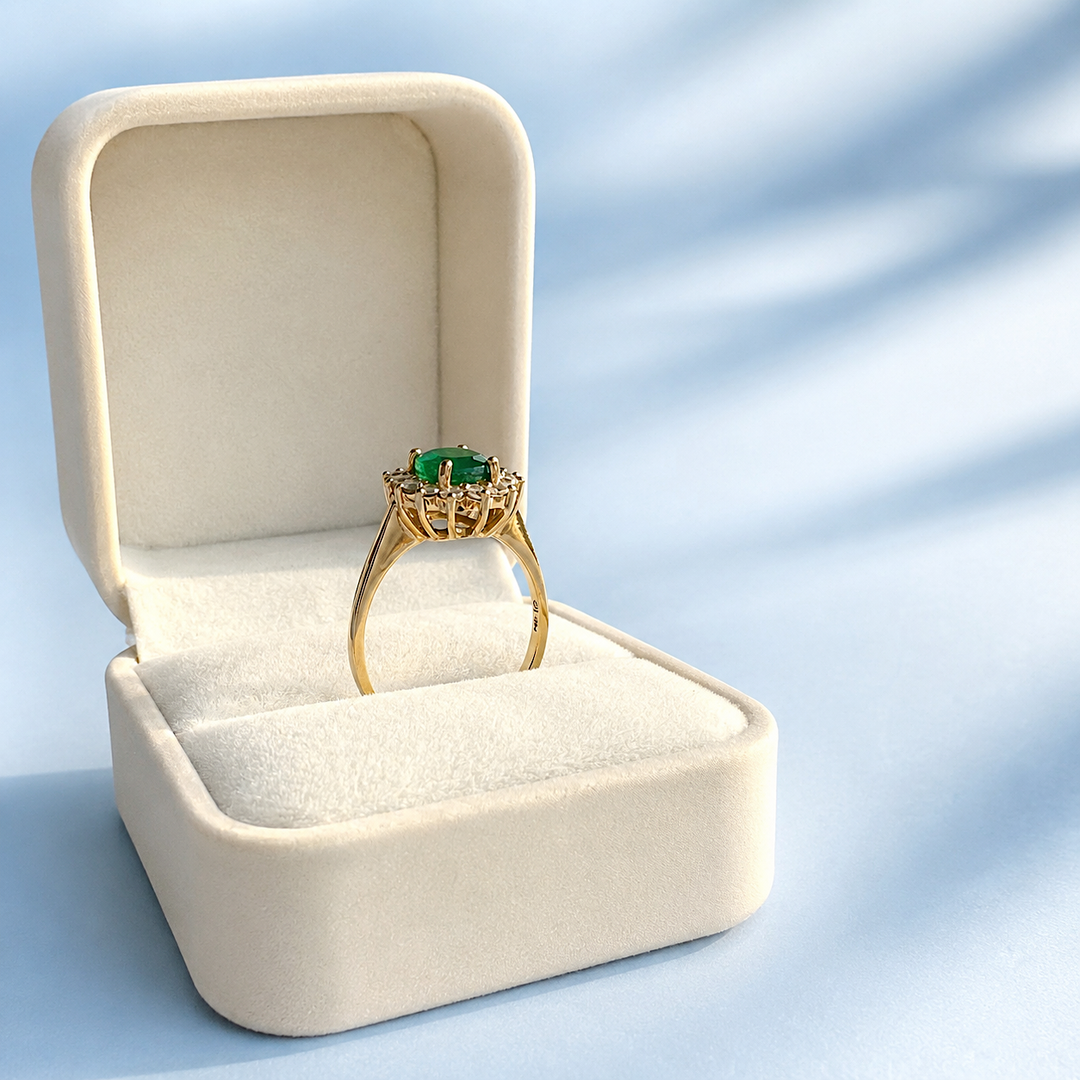 Bague en or 18 carats, émeraude naturelle et 14 diamants, bijou de joaillerie d'occasion