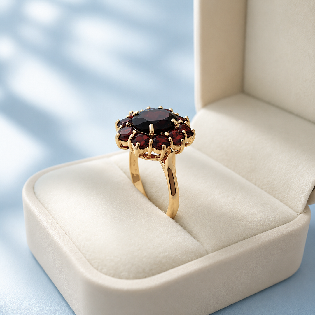 Bague en or jaune 18K avec grenats en forme de marguerite