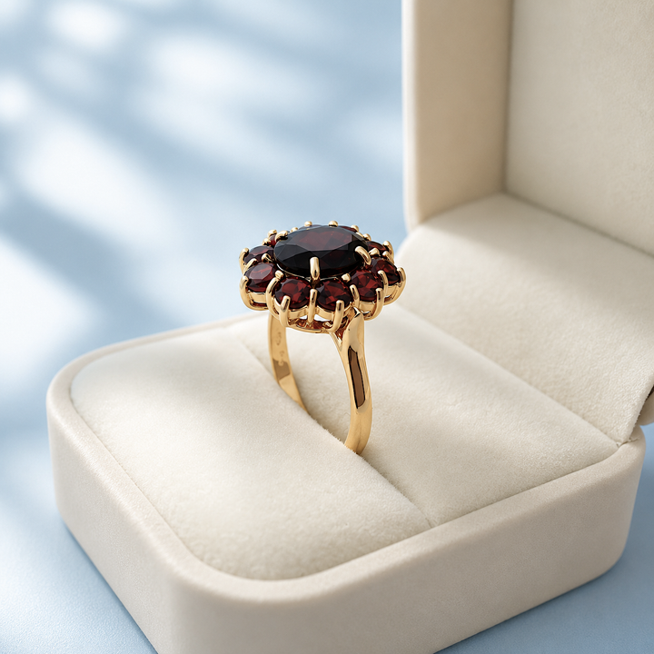 Bague en or jaune 18K avec grenats en forme de marguerite