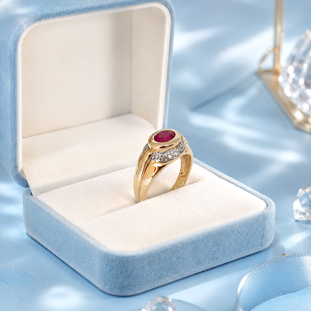 Bague rubis diamants or 18 carats femme posée sur écrin