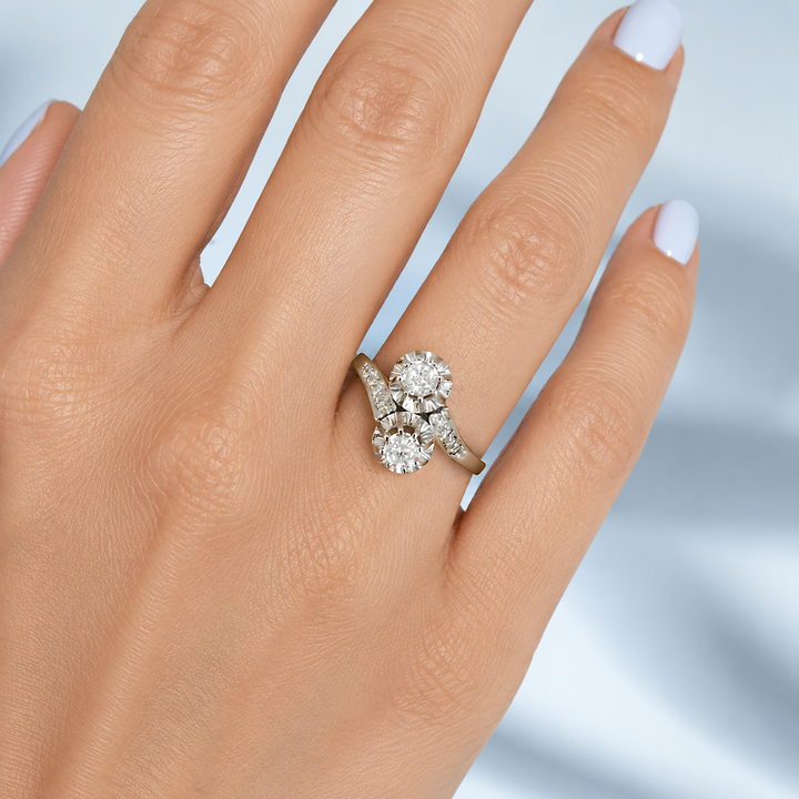 Bague toi et moi or 18K diamants portée, vue de dessus