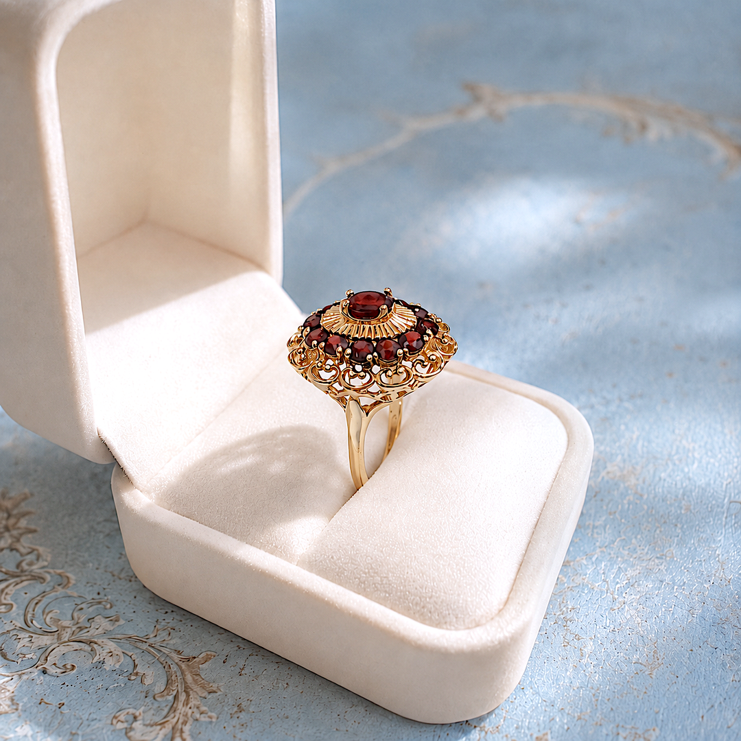 Bague vintage femme grenats et or jaune 18k, monture en dôme à galerie ajourée