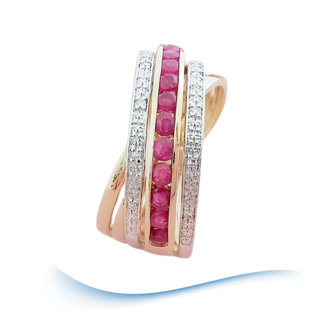 vue de profil bague femme croisee rubis diamants or 18 carats