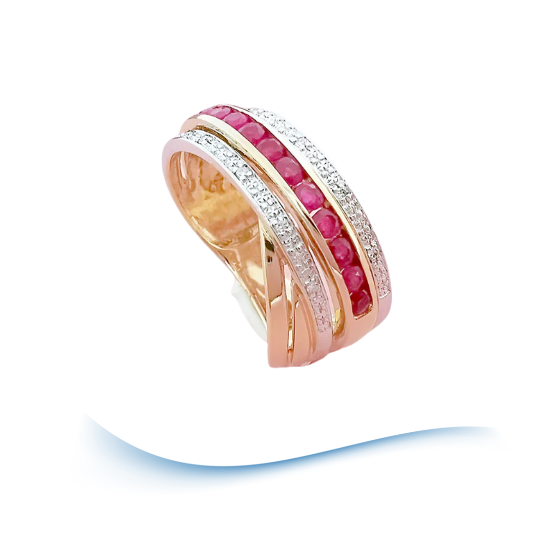vue latérale bague occasion femme rubis diamant or 18K