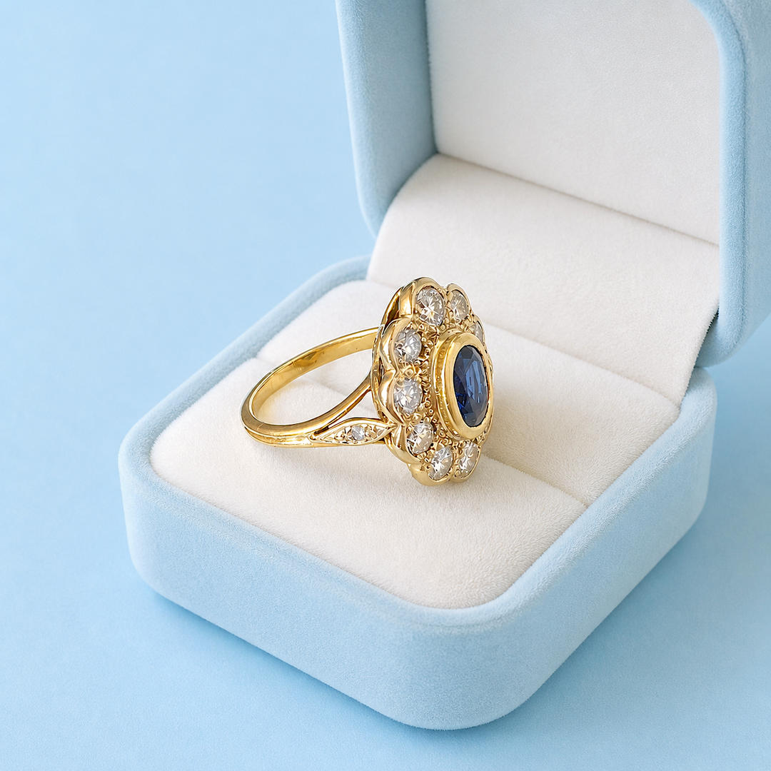 vue de profil bague pompadour joaillerie de seconde main saphir diamants or 18 carats