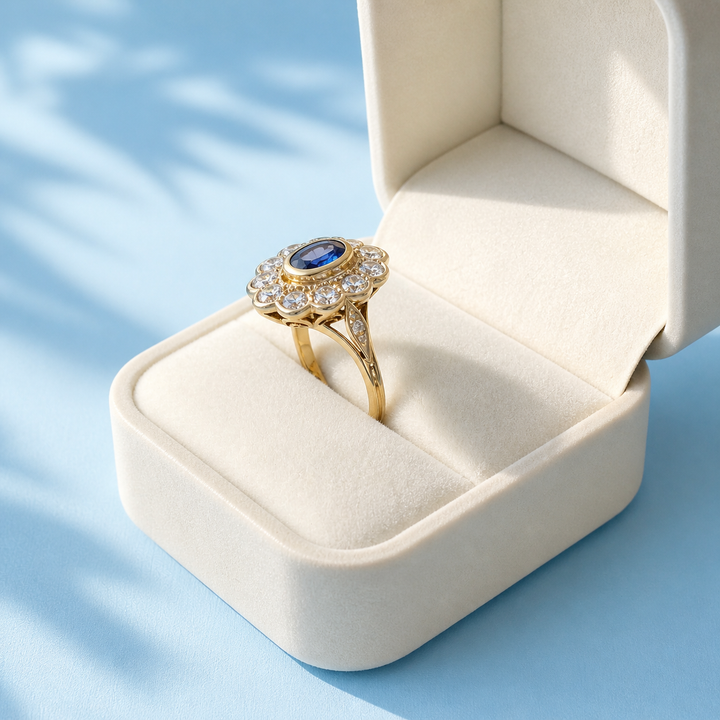 détails de la monture bague pompadour pour femme saphir diamants or 18 carats