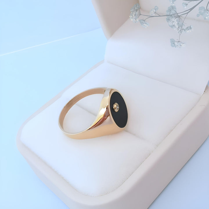 inclinee bague seconde main chevaliere mixte onyx noir diamant or jaune