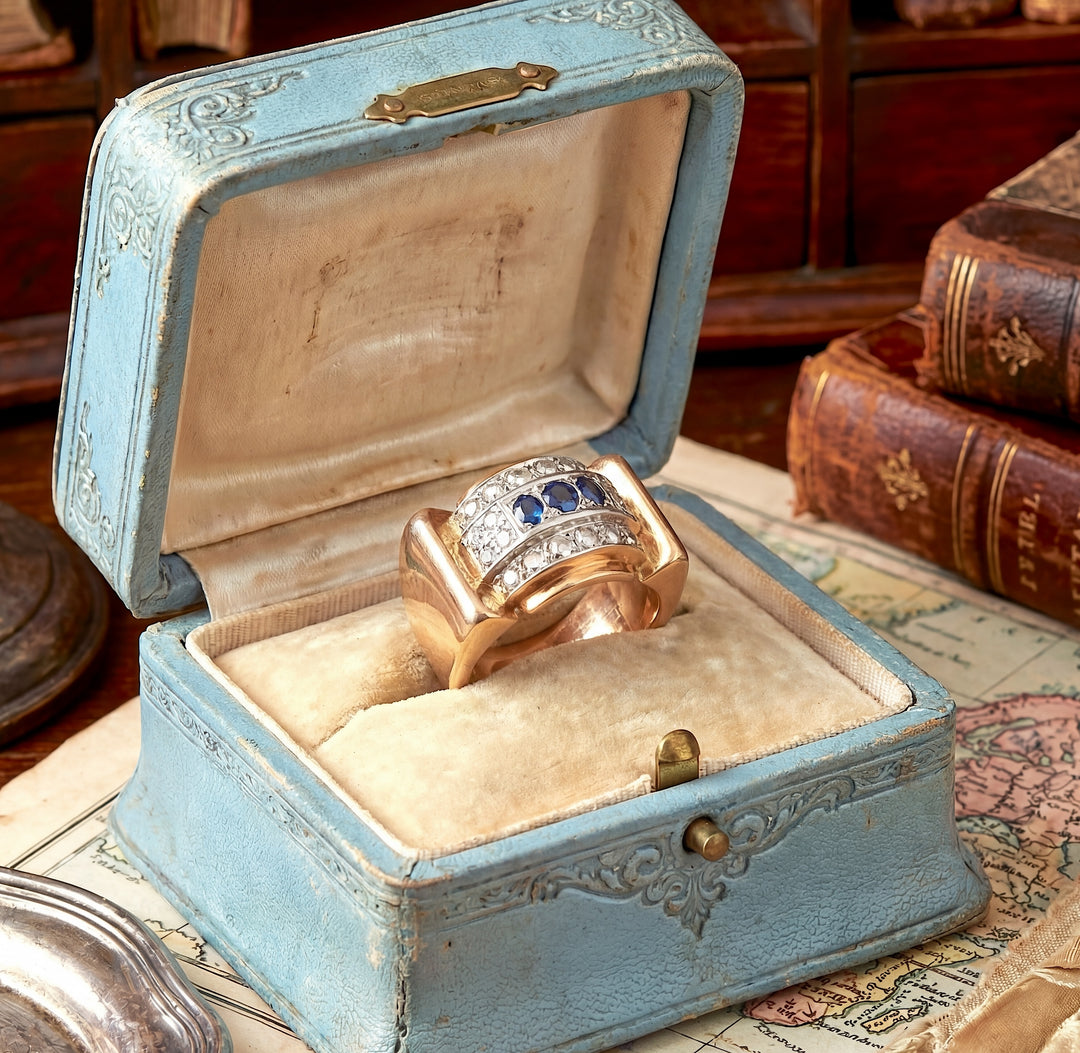 vue détaillée en écrin bague tank années 1940 saphirs diamants or 18K