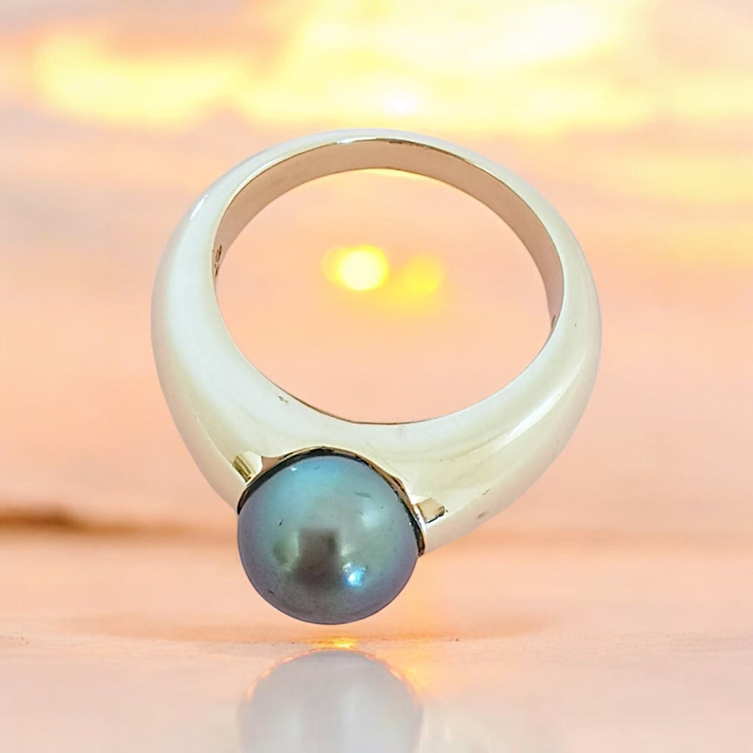 photo détaillée bijoux occasion bague perle de tahiti or 18K