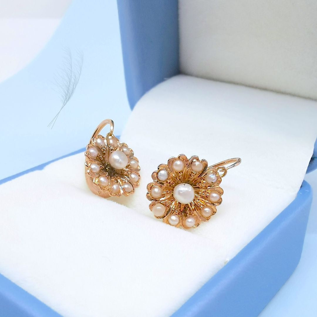 photo écrin boucles d'oreilles ancienne s d'occasion perle fines or rose 18K